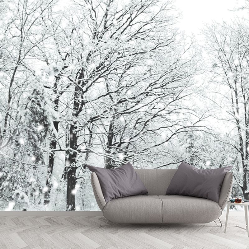Custom Photo-Print Modern Mural with Bare Trees and Snow Landscape Pattern in White
