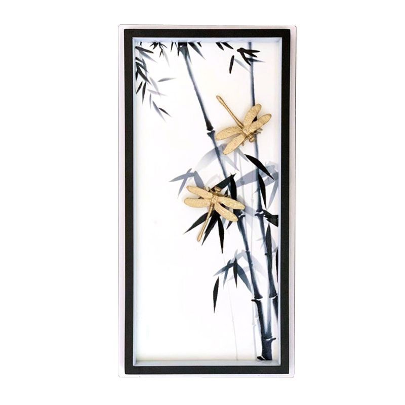 Bedroom LED Mural Lighting Chinese Black Wall Lamp with Dragonfly and Bamboo Print Fabric Shade