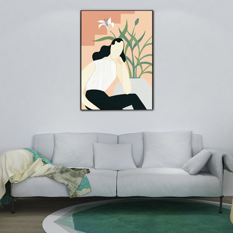 Modern Girl Portrait Painting Light-Color Bedroom Wall Art, Textured Surface
