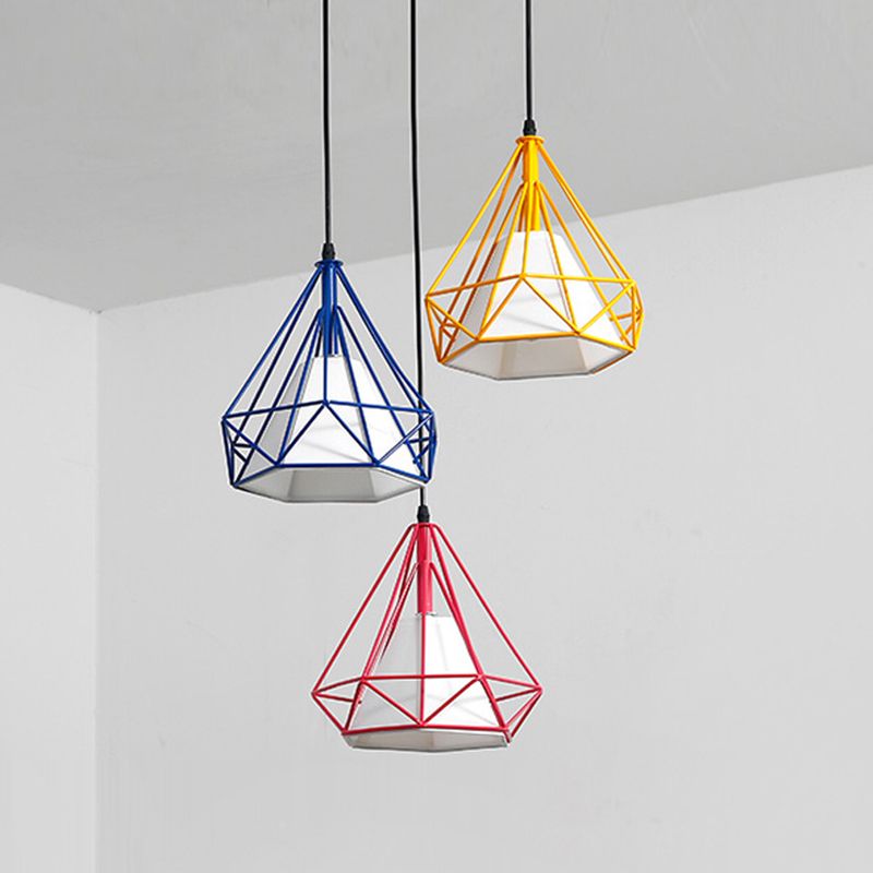 4-Color Optional Metal Cage Hanging Light Single Bulb Diamond Shaped Bedroom Lighting Fixture