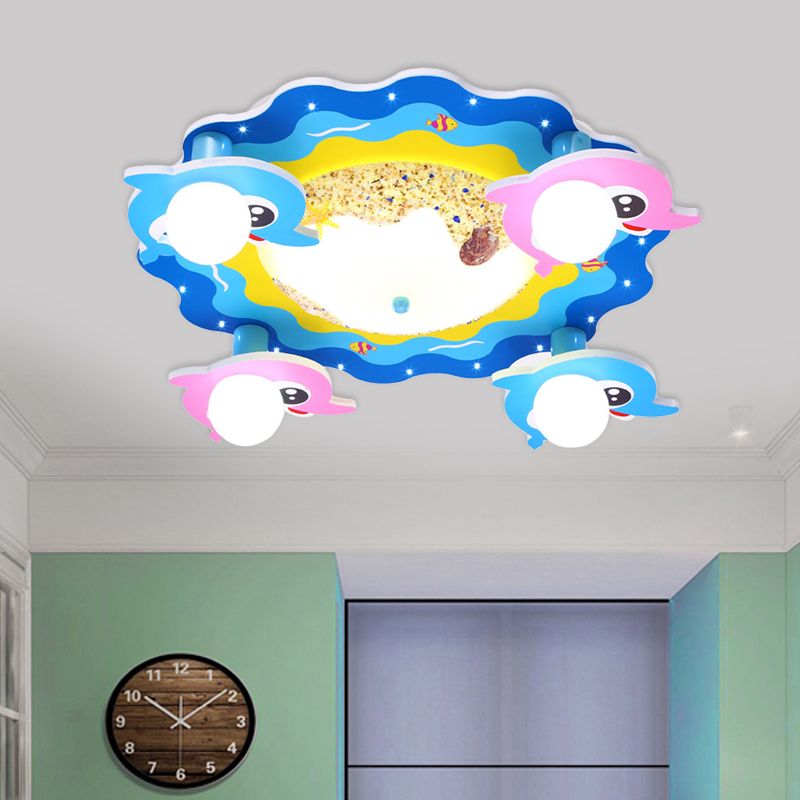 Kids Marine Dolphin Flush Mount Lamp Opal Glass 4-Bulb Kindergarten LED Ceiling Lighting in Blue