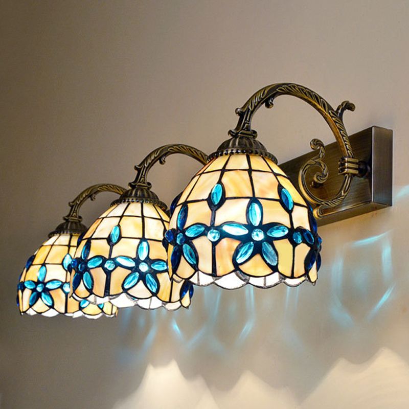 Tiffany Vanity Mirror Lights Aged Brass Vanity Wall Sconce in Natural Shell Shade