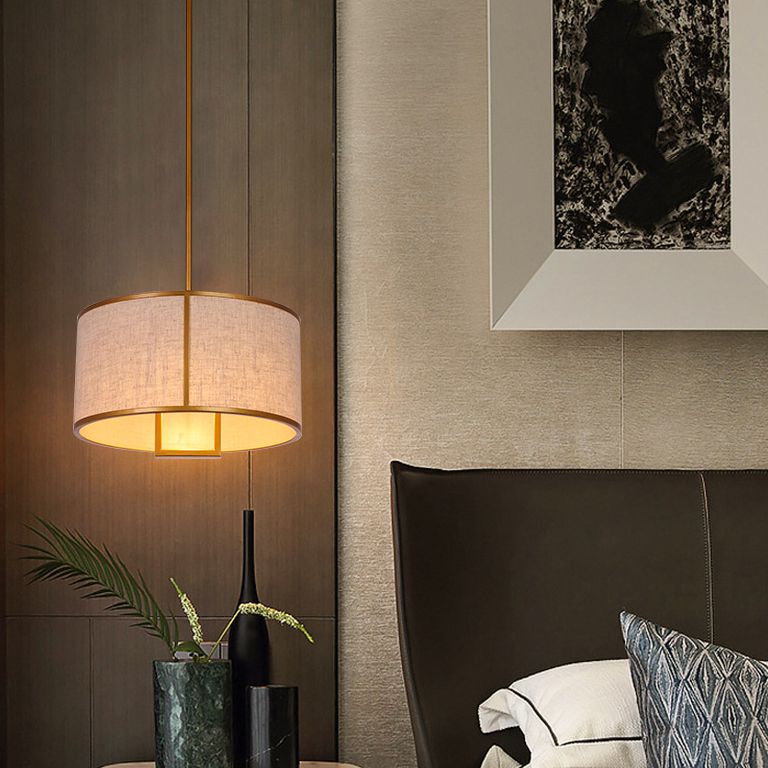 Einzelne leichte Stoff Drum Anhänger Leicht minimalistisch Wohnzimmer Hanges Licht mit 47 -Zoll -Hängsstange