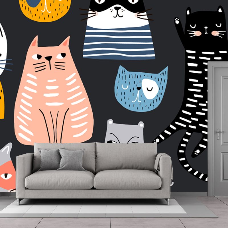 Childrens Art Cat Mural Wallpaper Multicolored Nursery Wall Art on Black, Made to Measure