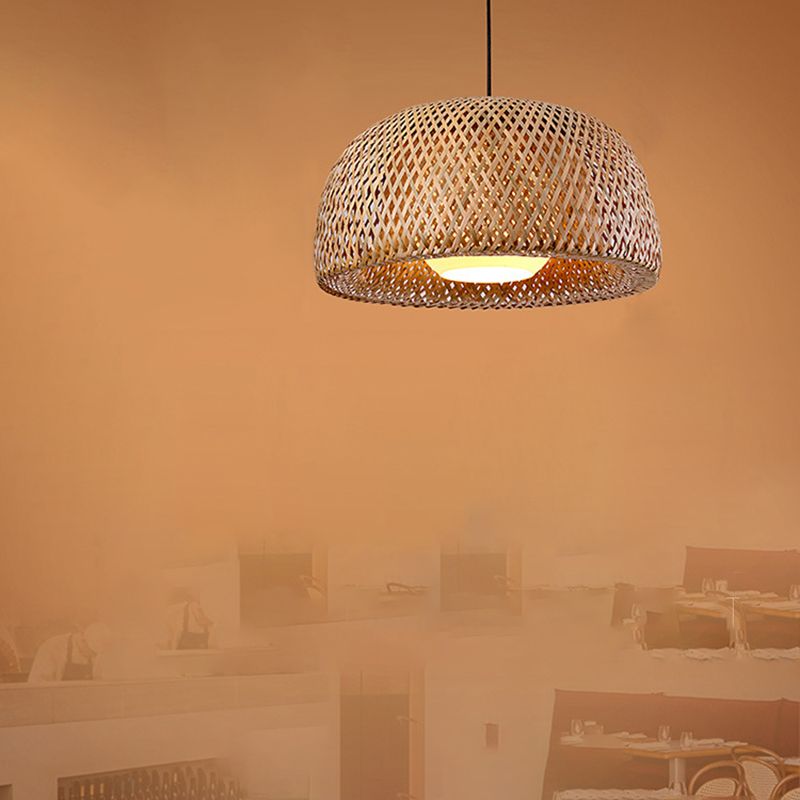 Asian Creative Bowl Pendant Light Wrought Iron Hanging Lamp with Bamboo Weaving Shade