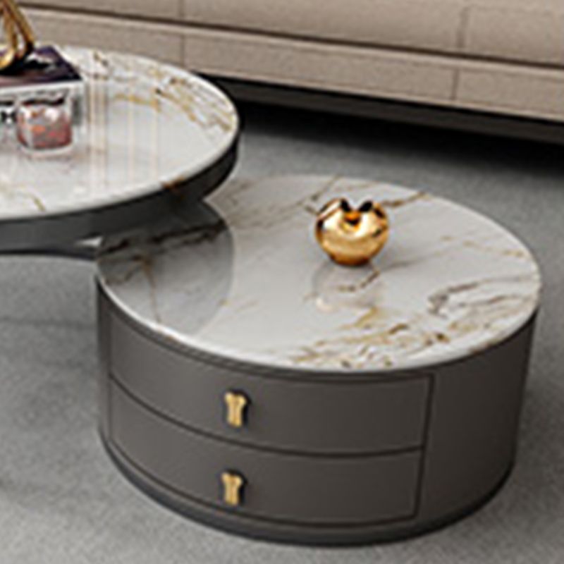No Distressing Stone Coffee Table Frame Round Nesting Coffee Table Set with 2 Drawers