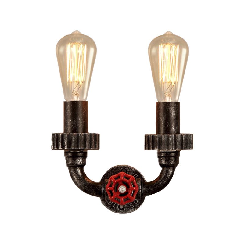 2 luces Luz de matriz de pared Vintage Iluminación de pared de hierro desnudo industrial con válvula de grifo rojo en óxido oscuro