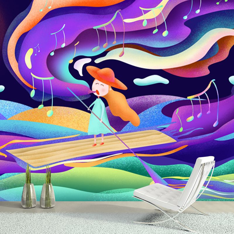 Purple Kids Wall Paper Mural Full Size Girl Singing in Boat at Night Wall Art for Bedroom