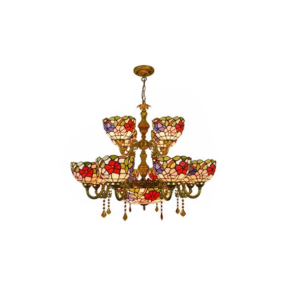 15 Lights Dome Shade Hanging Light Tiffany Stained Glass Two-Tier Chandelier with Flower Pattern for Dining Room