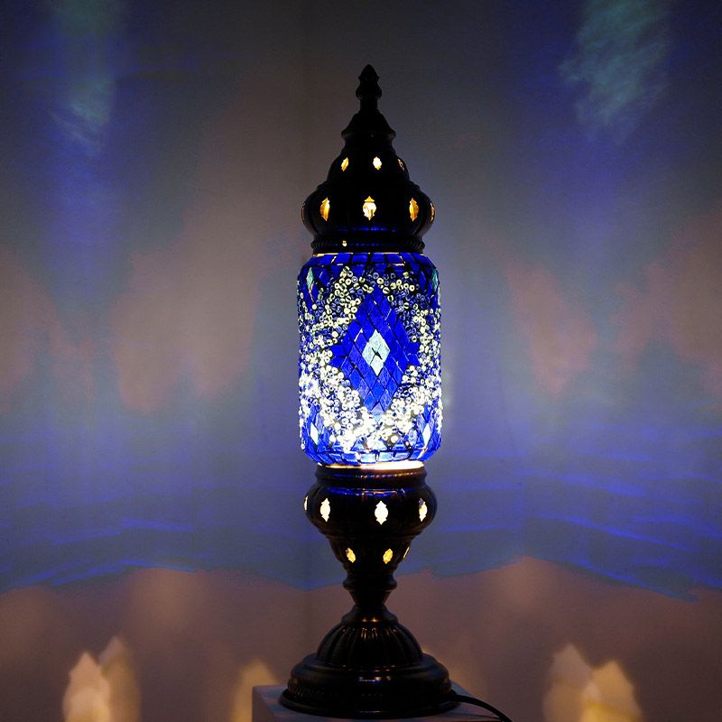 Moroccan Cylindrical Table Light 1-Bulb Handcrafted Mosaic Glass Night Stand Lamp
