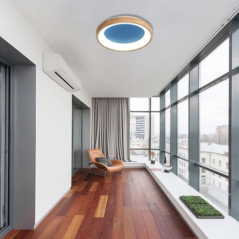 Wood Circular Thin Flushmount Lighting Nordic Style Green/Blue LED Ceiling Mounted Light, 12"/16"/19.5" Width