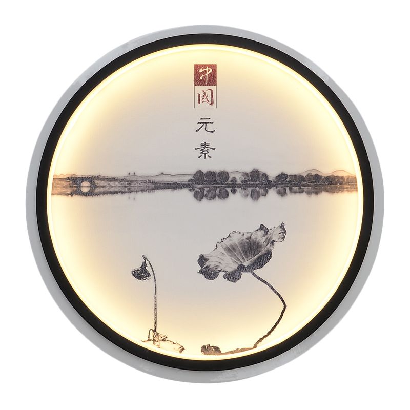 Lotus Lake Tearoom LED Wall Lamp Fabric Chinese Style Mural Sconce Lighting in Black