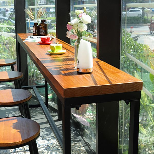 Light Brown Solid Wood Top Bar Table Glam Bistro Table with Trestle