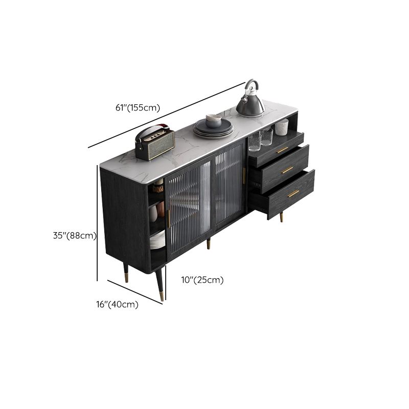 Glam 2-drawer Dining Buffet 61"L Black Sliding Door Buffet Table with Glass Door