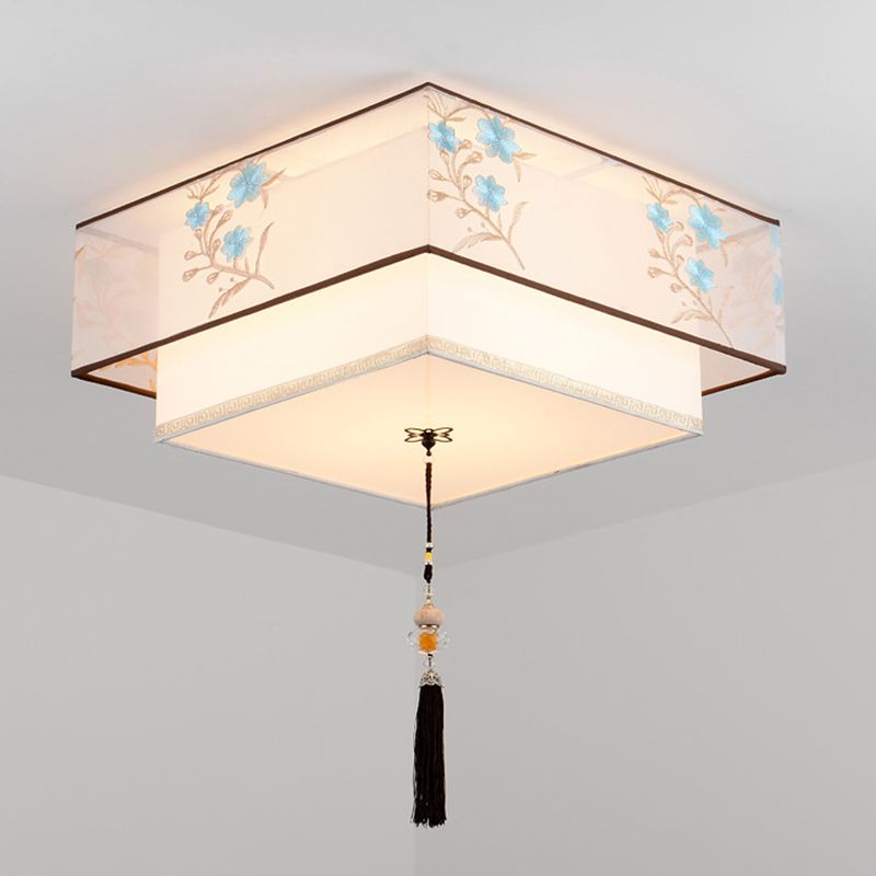 Wrought Iron White Ceiling Light in Traditional Unique Style Geometric Indoor Flush Mount with Embroidered Fabric Shade