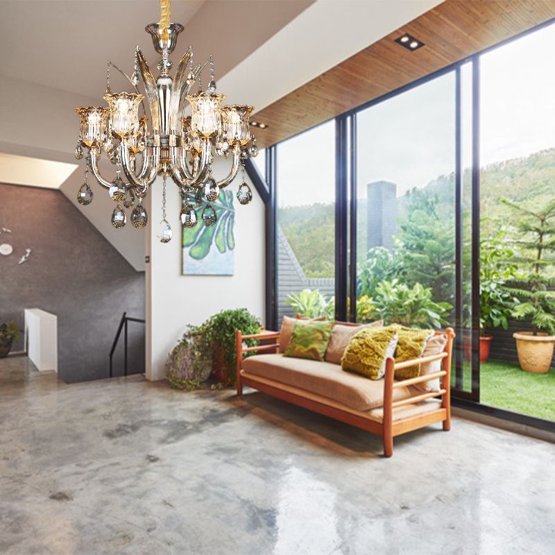 6/8-Bulb-Wohnzimmer Kronleuchter Licht moderner Bernstein-Anhänger-Beleuchtung mit blumiger Klarglasschatten, 23,5 "/27,5" W.