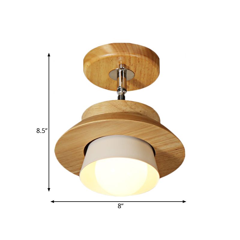 Small Wood Cap Rotatable Ceiling Lamp Minimalist 1 Head Semi Flush Mount Fixture with Inserted White Lampshade