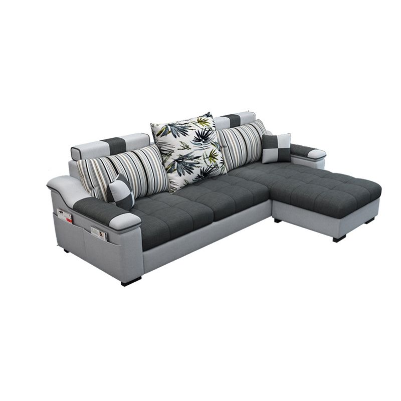 Dark Gray Pillow Top Arm Sectional Upholstered Cushions Back Sofa and Chaise