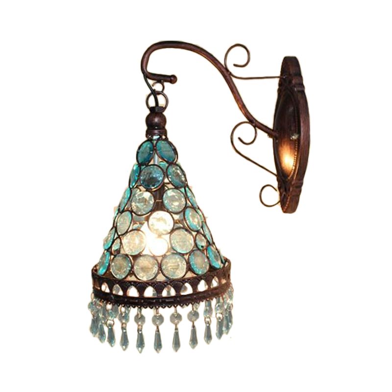 1 Bulb Metal Wall Lamp Art Deco Yellow/Blue/Purple Tapered Dining Room Wall Mounted Lighting with Dangling Glass