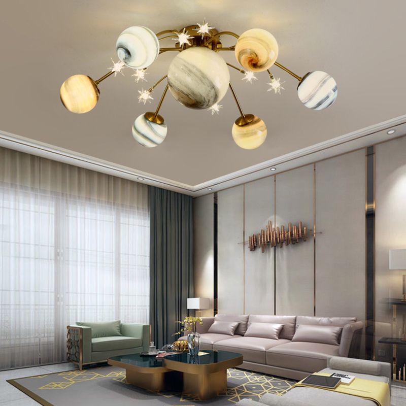Brass Space Planet Flush Light Postmodern Multicolored Glass Semi-Flush Mount Ceiling Light