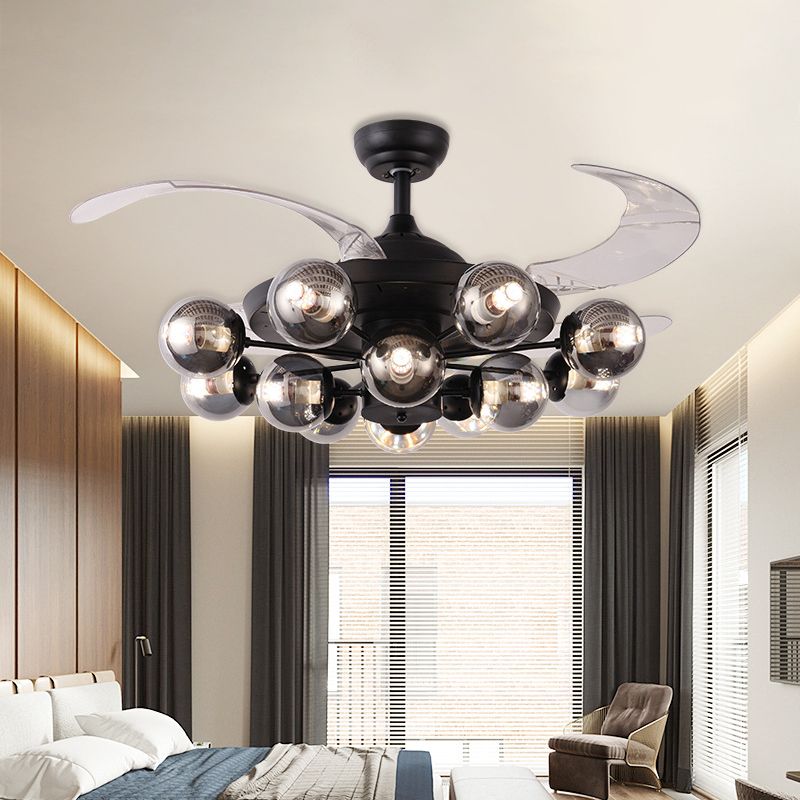 42" Wide 12-Light Clear Glass Semi Flush Lamp Vintage Black Ball Living Room Pendant Fan Light wtih 4 Clear Blades, Wall/Remote Control
