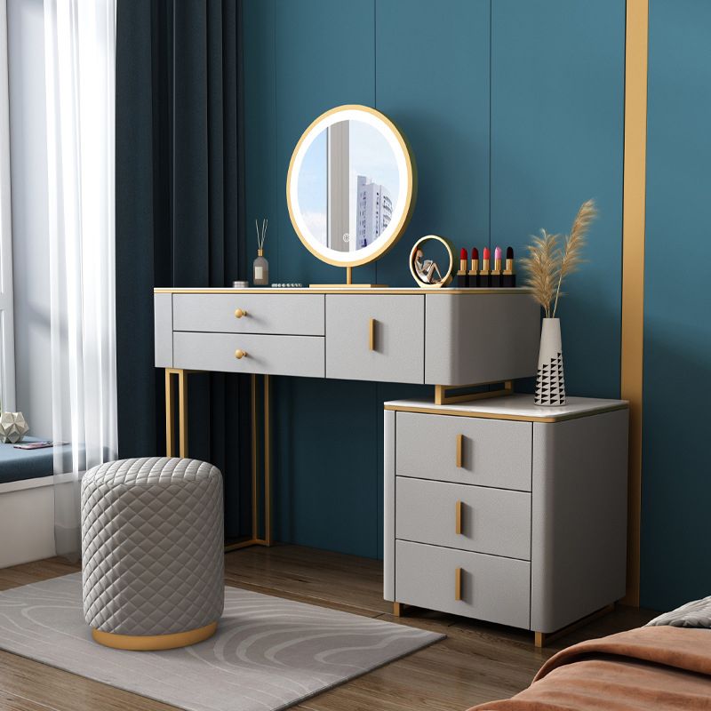 Stone Top Vanity Desk with 6 Drawers, Metallic White/Grey, 15.75" D x 30.71" H