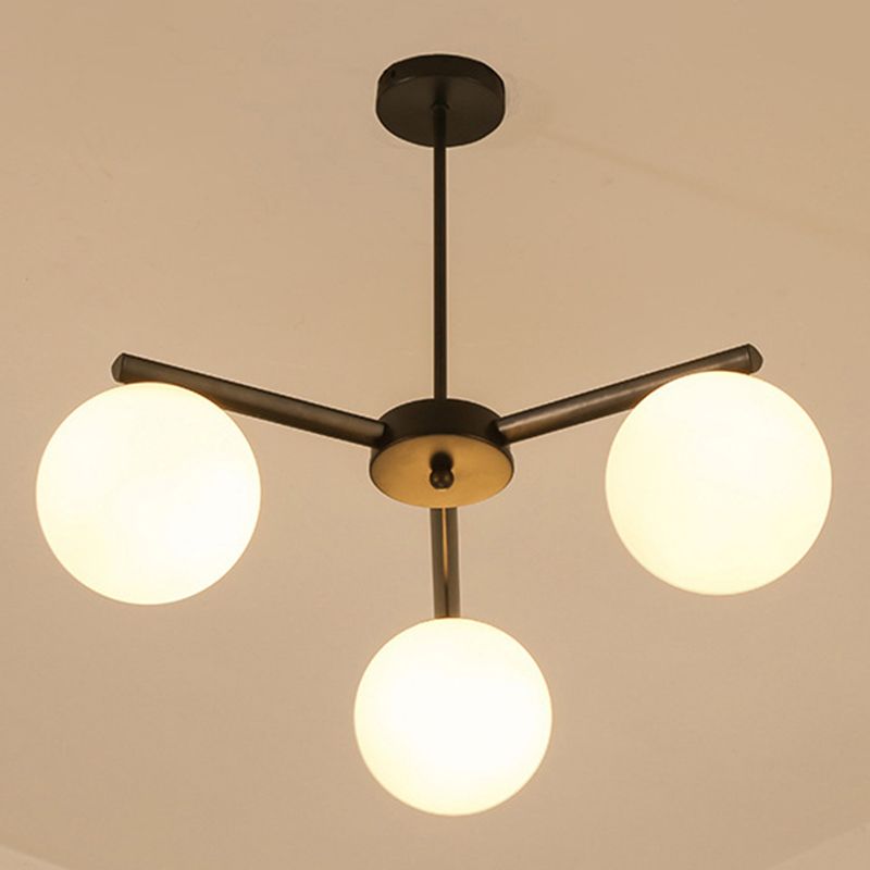 White Glass Globe Hanging Chandelier Traditional 3/6/8 Light Living Room Pendant Light in Black with Sunburst Design