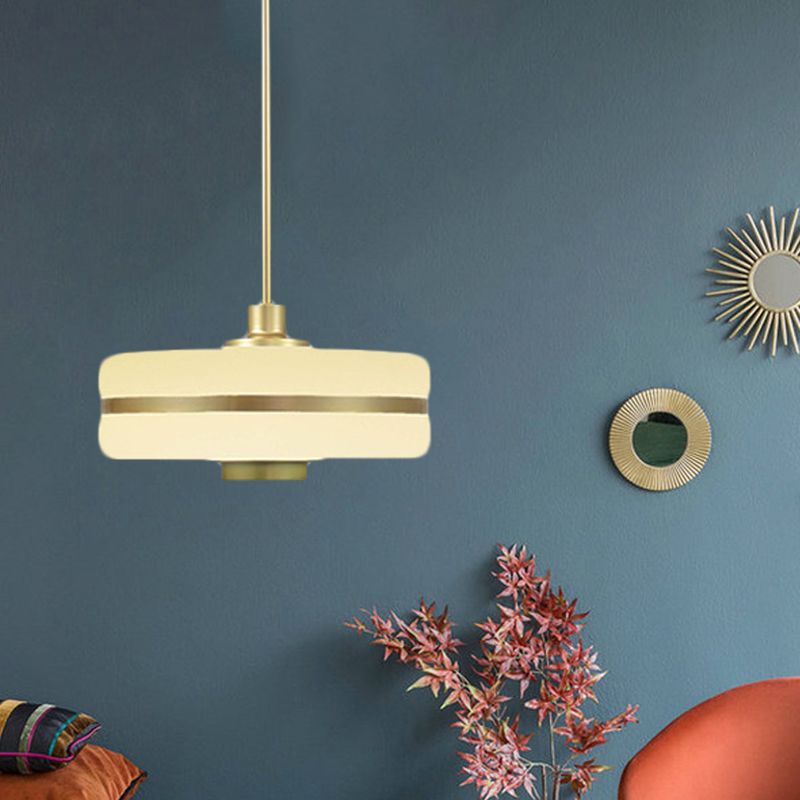 Drum Pendant Light Fixture Postmodern White Glass 1 Light Bedroom Hanging Ceiling Light