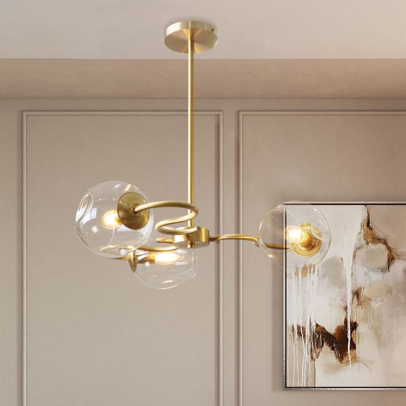 Wervelende flush mount kroonluchter postmoderne transparant glas 3-licht slaapkamer semi-montage verlichting in messing
