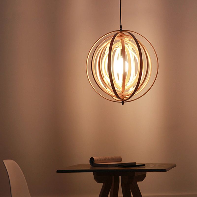 Rippling Sphere Wood Pendant Light Kit Asian 1 Light Beige Hanging Light Fixture over Table