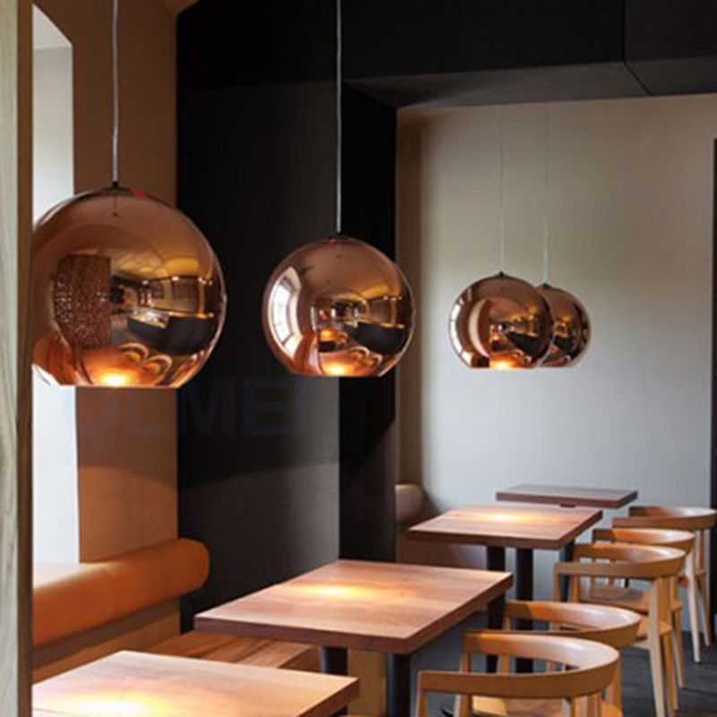 Mirrored Glass Globe Suspension Light Postmodern 1 Head Copper Pendant for Restaurant