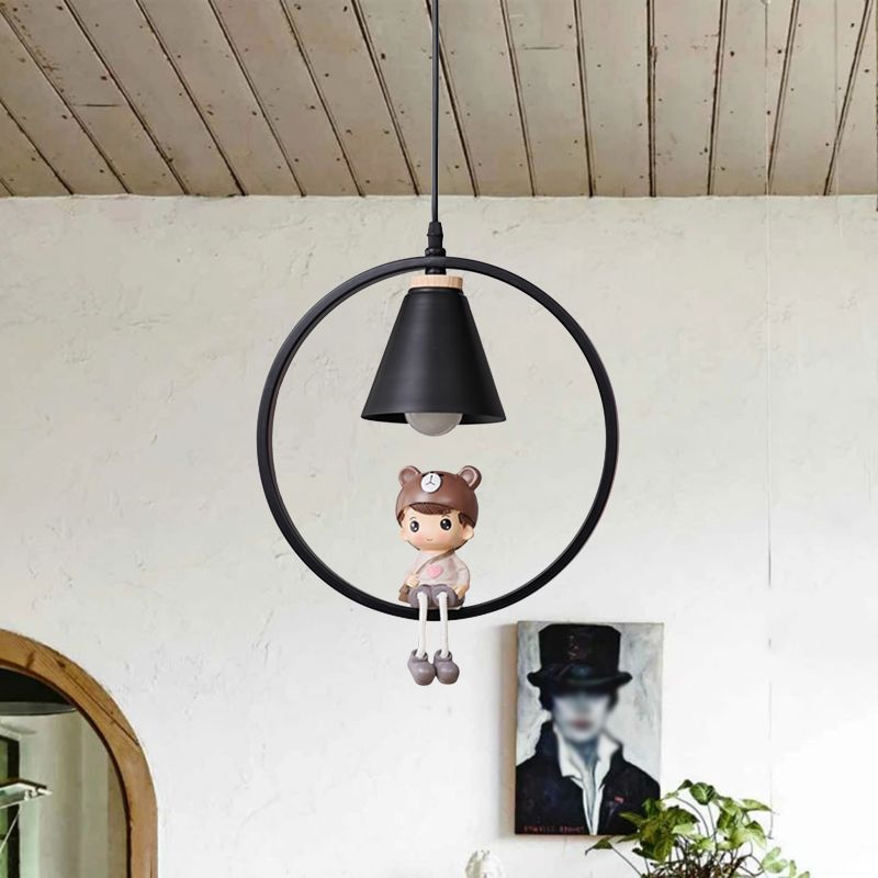 Cartoon Tapered Hanging Light Metal 1 Light Bedroom Pendant Lamp with Ring and Girl/Boy/Deer Decor in Black/White