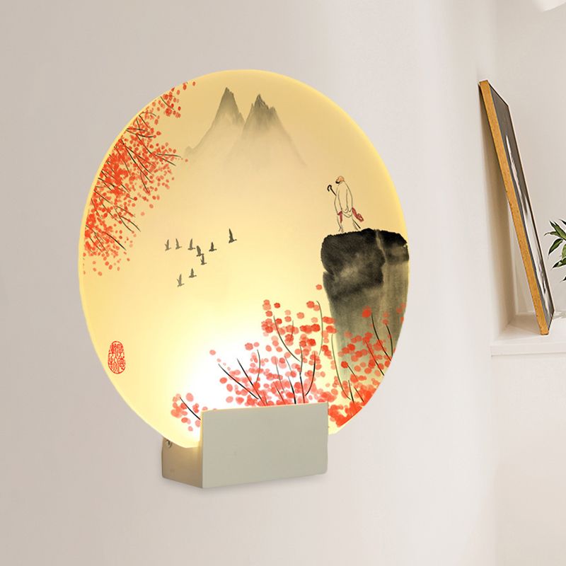 Lampada murale a LED in stile orientale con tonalità acrilica Mountain circolare bianca e illuminazione montata a parete di fiori