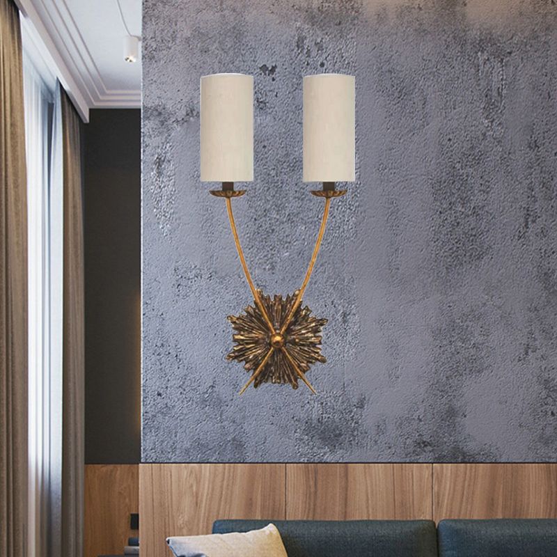 Traditional Tube Vanity Lighting Idea 2 Lights Fabric Sconce Light Fixture in White for Bathroom