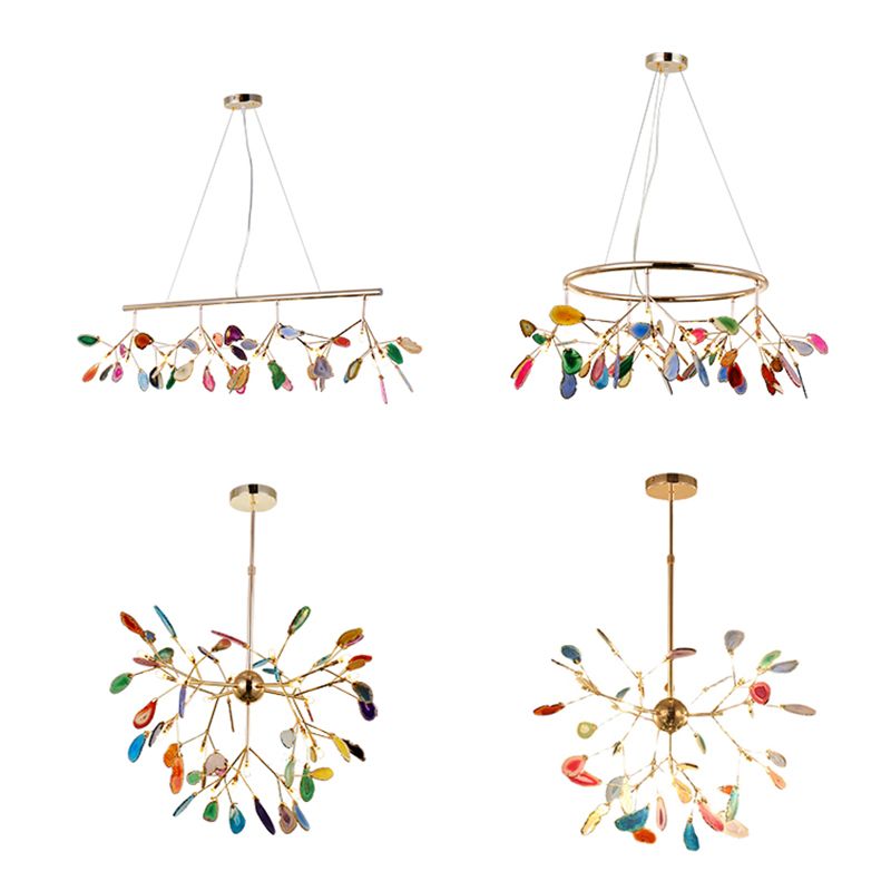 Wrought Iron Firefly Pendant Light in Modern Creative Style Sputnik Adjustable Chandelier with Agate Shade