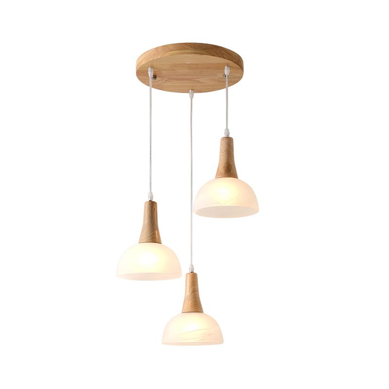 Bell/Bowl/Barrel Ceiling Hang Lamp Nordic Ivory Glass 3-Head Dining Room Round/Linear-Canopy Cluster Pendant in Wood
