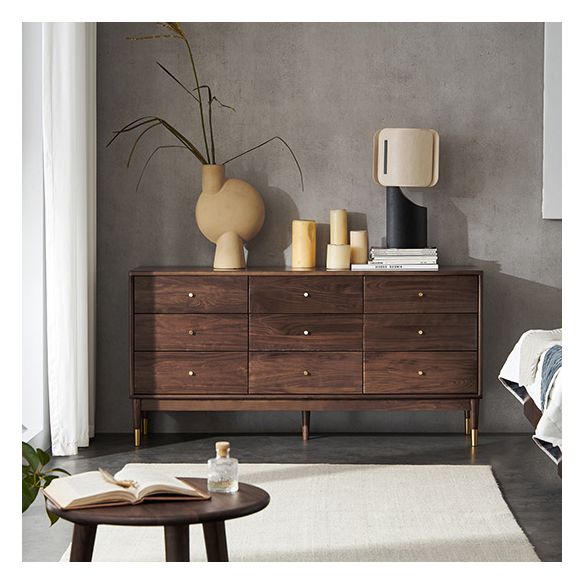 Rectangular Rubberwood Chest Mid-Century Modern Accent Chest with 9 Drawers