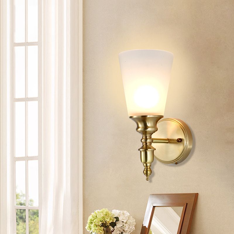Frosted Glass Conical Wall Mounted Light Vintage Style 1/2-Head Indoor Wall Lighting in Brass