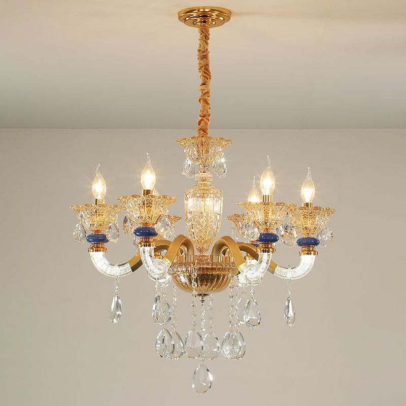 Candelabra Chandelier Light Fixture Traditional Metal 6 Heads Brass Suspension Pendant with Dangling Amber Crystal Accent
