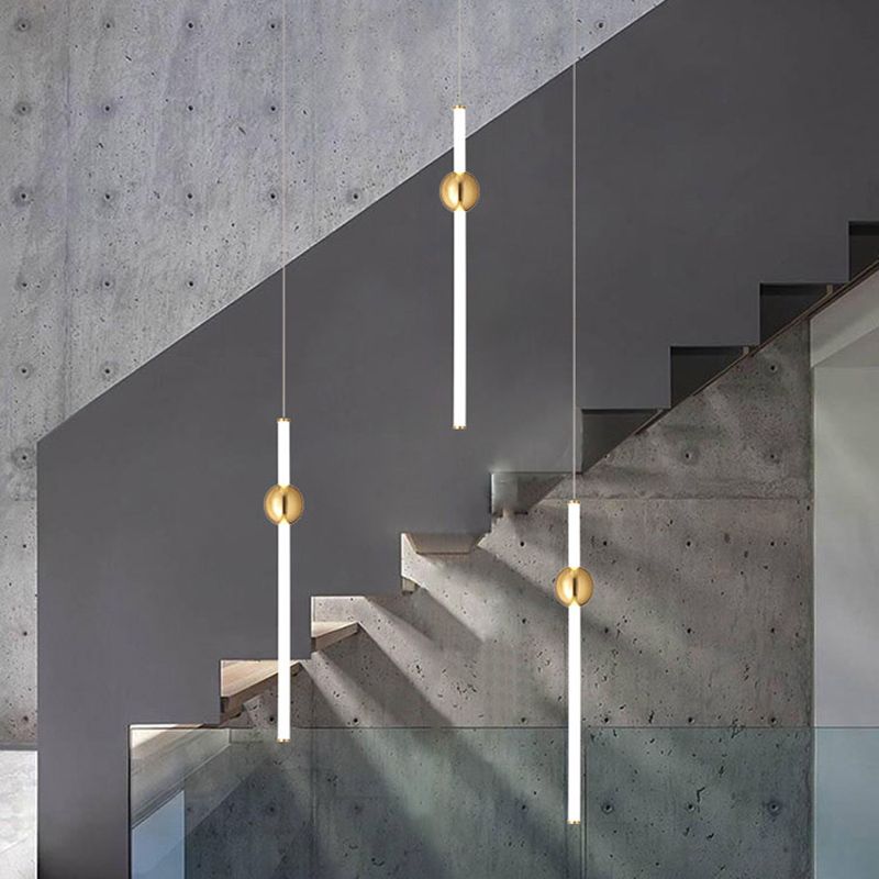 Minimalist Linear Pendant Lighting, White Glass Hanging Light with Gold Ball