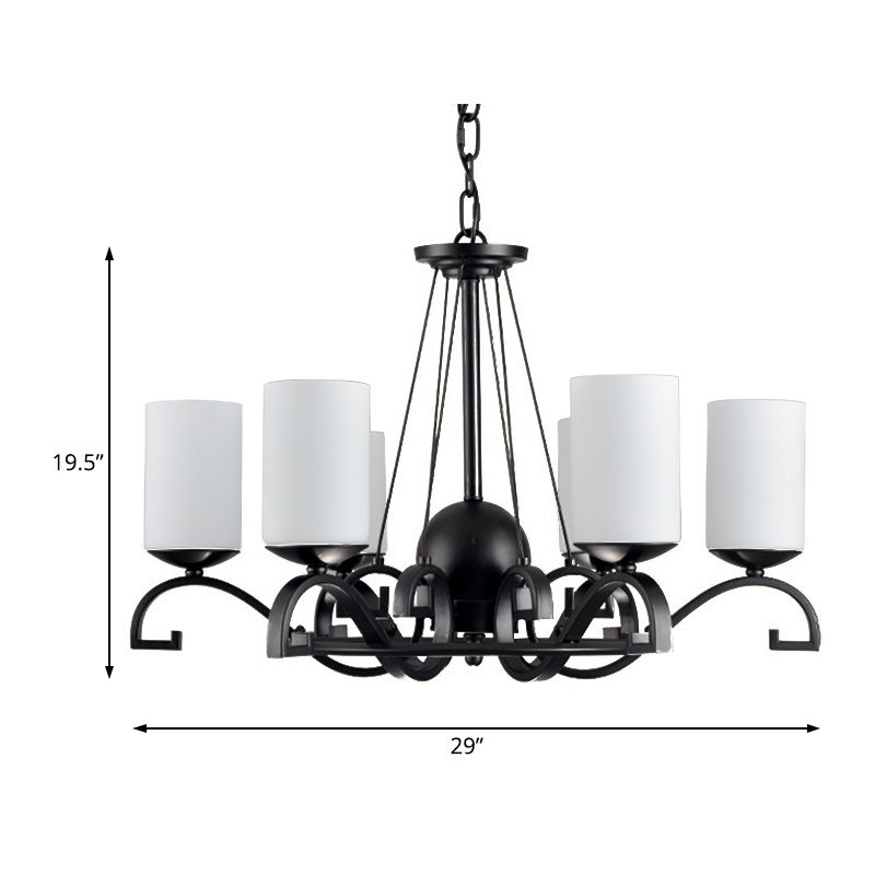 White Glass Cylinder Chandelier Light Fixture Rustic 6 Lights Bedroom Hanging Ceiling Light in Black