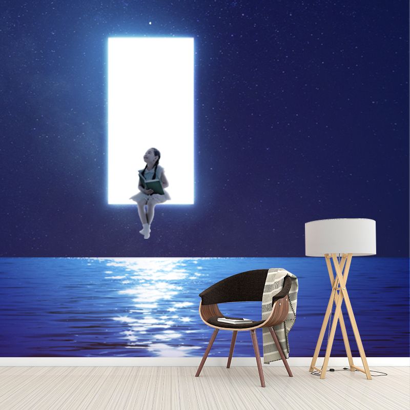 Whole Sci-Fi Wall Paper Murals in Blue-White Girl Suspended over Night Ocean Wall Art, Optional Size
