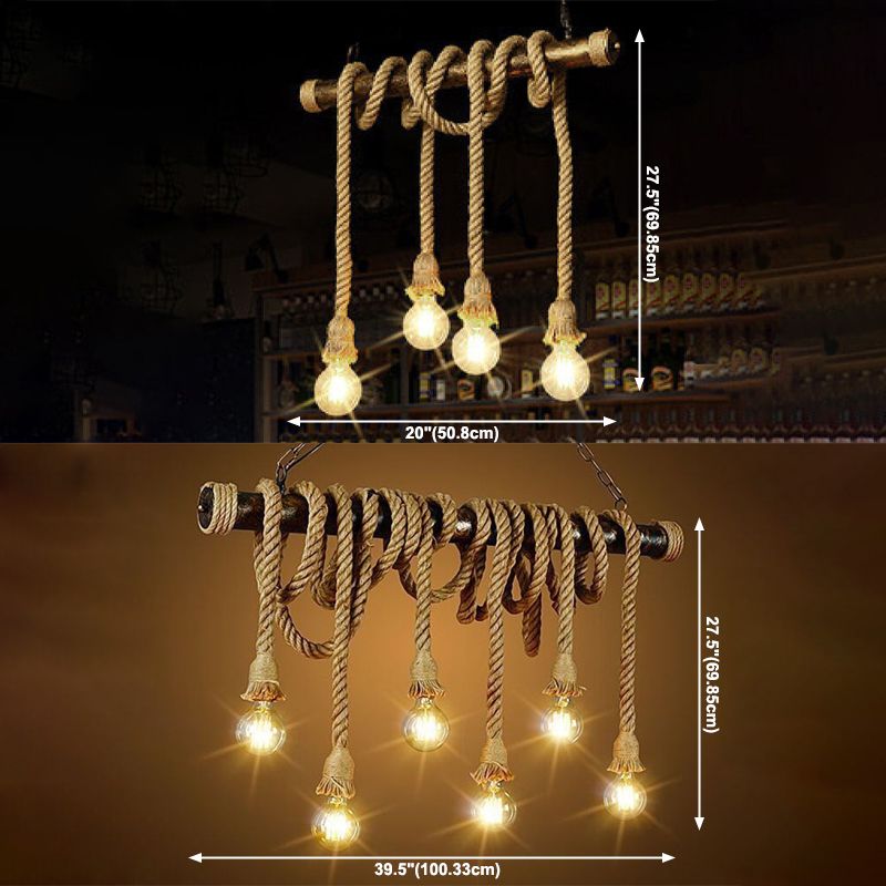 Vintage Multi Lights Island Lighting Fixtures Linear Rope Hanging Ceiling Light in Brown