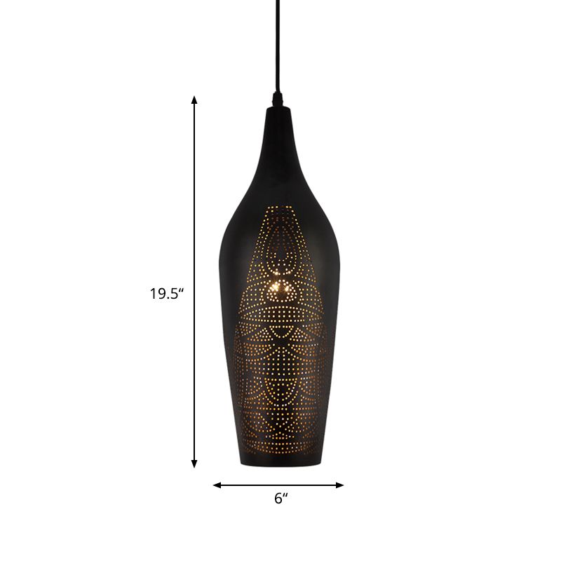 Carved Pendant Lighting Decorative Metal 1 Bulb Ceiling Suspension Lamp in Black