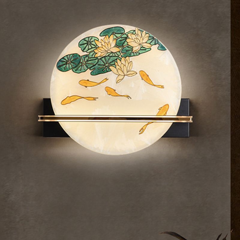 Black Rounded Wall Mural Lamp Oriental Style LED Acrylic Wall Mounted Light with Elk Deer/Fish Pattern