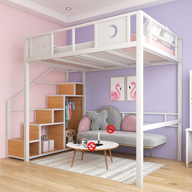 White/Black Loft Bed with Guardrail Metal Kids Bed with Staircase