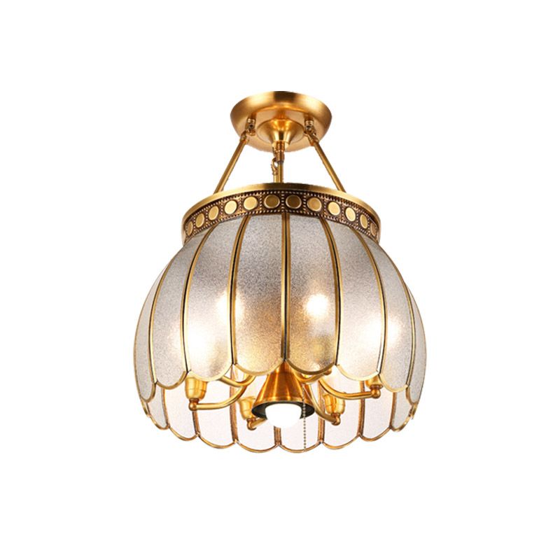 Retro -Stil Kugel halb Flush Light 1 Lampe Frosted Glass Messing Deckenlampe mit Pull -Kette