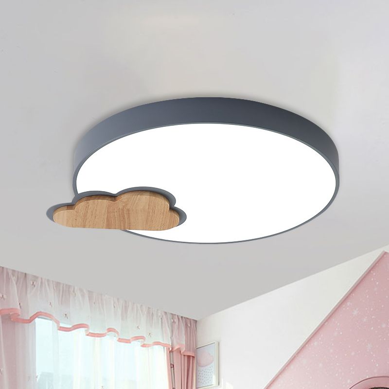 Grey/Green Finish Circle Flush Lamp Macaron LED Acrylic Flush Mount Ceiling Light with Cloud Wood Detail, White/Warm Light