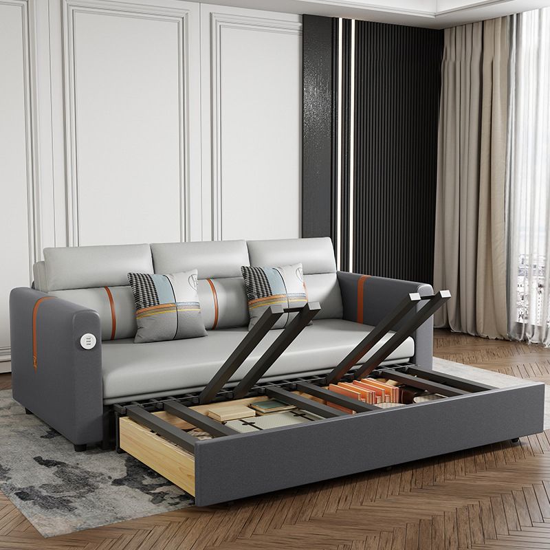 Faux Leather Sofa Convertible Sofa Bed with Square Arm in Grey