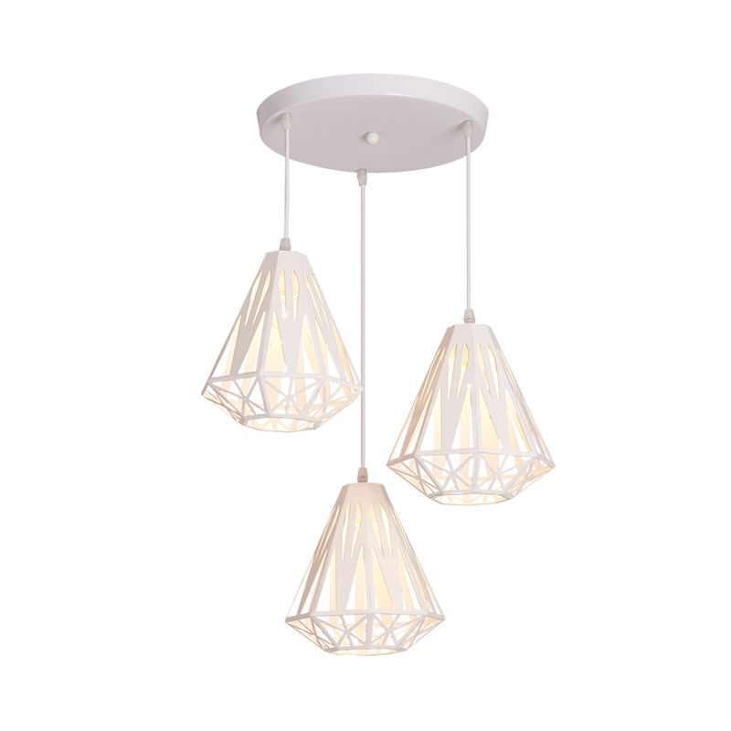 Iron Diamond Cage Multi Light Pendant Modernism 3 Heads White Finish Ceiling Suspension Lamp